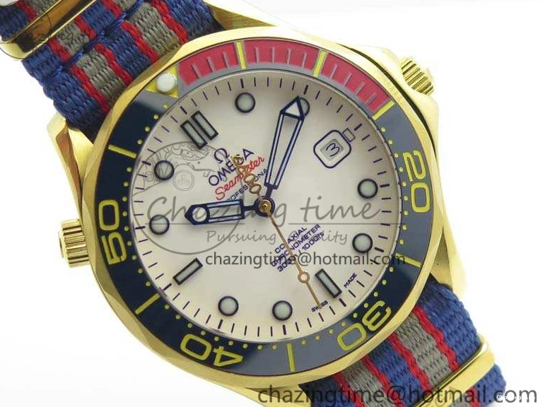 0417 Modern Seamaster 300M 007 YG URF 1:1 Best Edition White Dial Ceramic Bezel On Nylon Strap A 8115